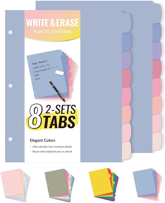 Sooez 8 Tabs Long-Lasting Plastic Write & Erase Large Tabs Dividers by Sooez