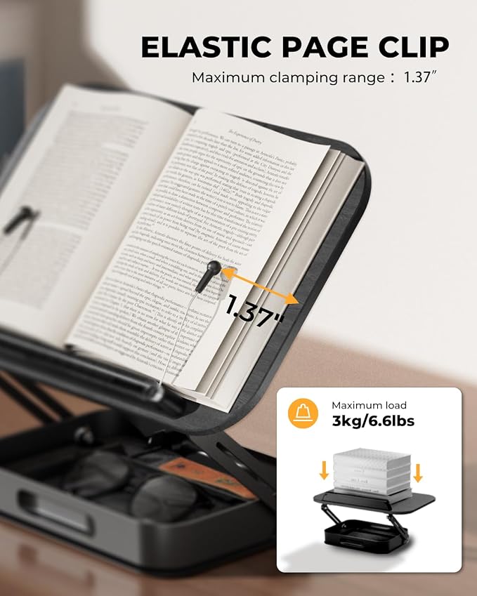 Adjustable Book Stand with Storage Drawer, 360° Rotating Book Holder, Height & - Image 6
