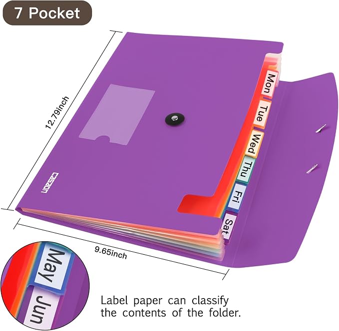7 Pocket Accordian File Folders, Expanding File Folder A4 Letter Size Paper - Image 2
