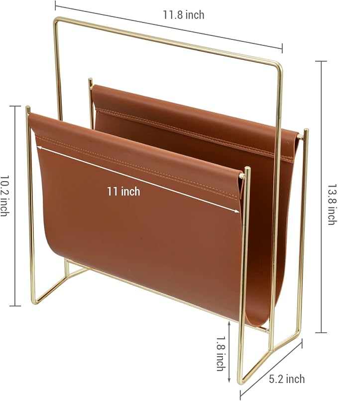 MyGift 13 inch Modern Caramel Leatherette Magazine Holder Floor Standing Sling - Image 5