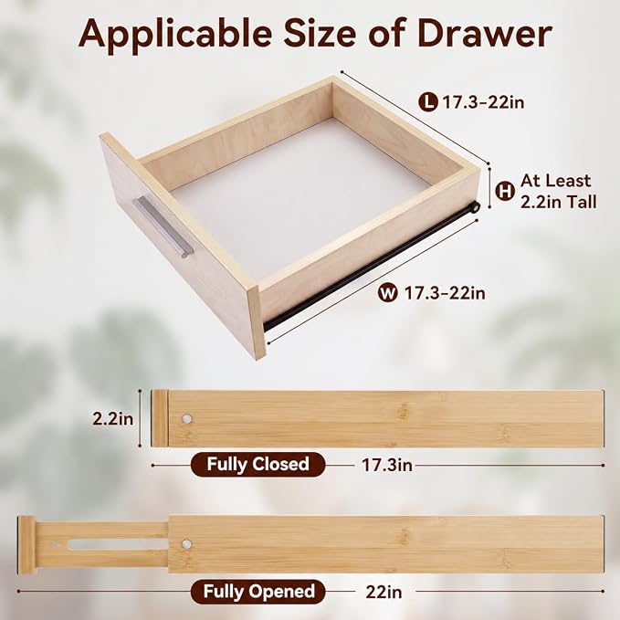 Drawer Dividers, Kitchen Drawer Organizer, 2 Pack 17.3''-22'' Adjustable Bamboo - Image 2