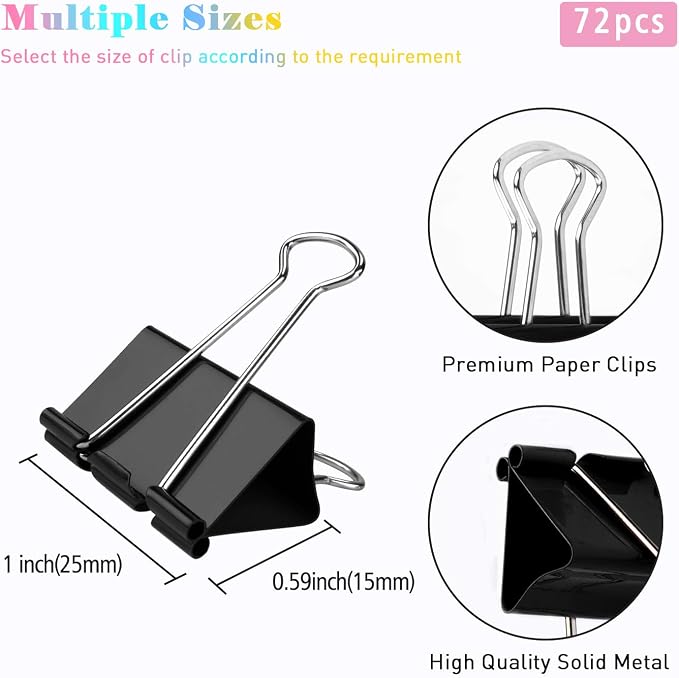 Binder Clips, 72 Pack, 1 Inch, Standard 25mm, Fold Clamp, Capacity 0.47 Inch - Image 2