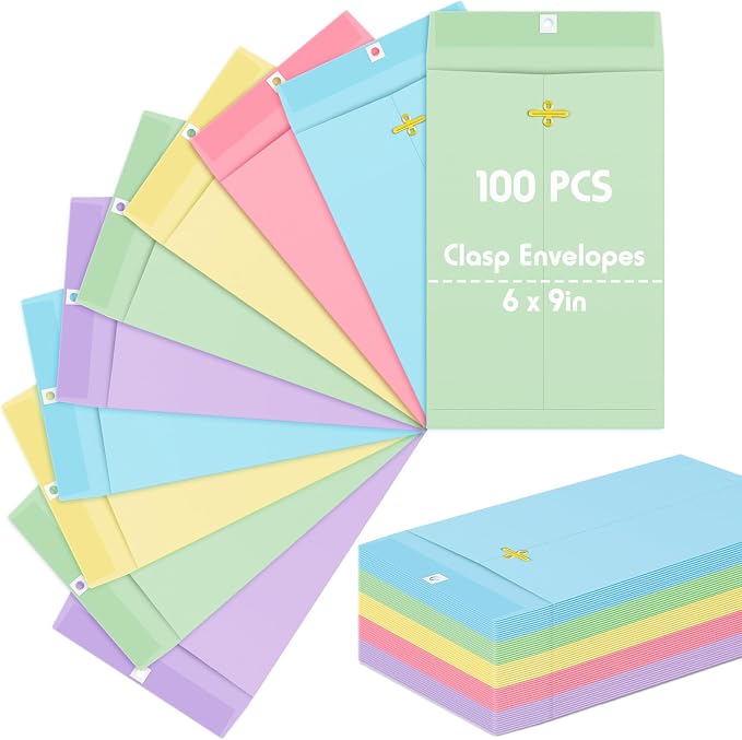 Geyee 100 Pcs Clasp Manilla Envelopes 6 x 9 Inch Gummed Colored Envelopes by Geyee