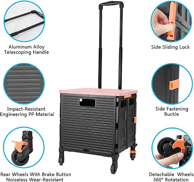 FELICON SELORSS Foldable Utility Cart Folding Portable Rolling Crate-Pink | - Image 2