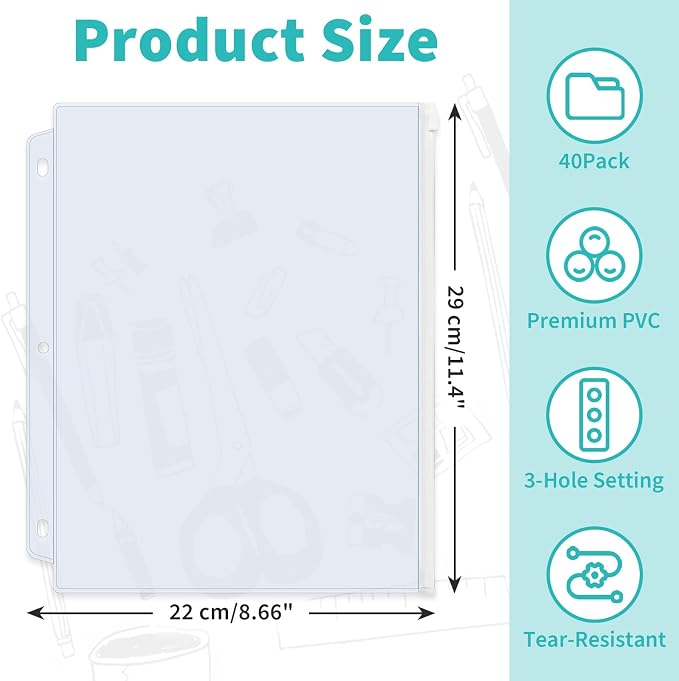 Binditek 40 Pack Plastic Zippered Binder Pockets, 3-Hole Punched - Image 2