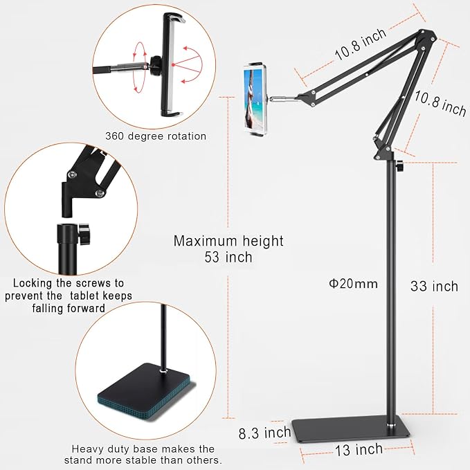 Tablet Floor Stand with 6LB Weight, Overhead Bed phone Stand Angle Height - Image 5