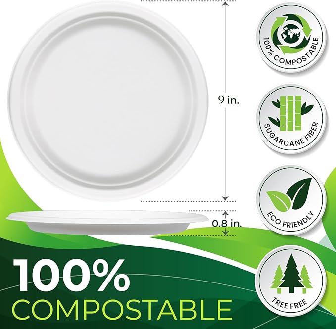 150pcs 100% Compostable 9in Paper Plates, Heavy Duty Disposable Eco Friendly - Image 2