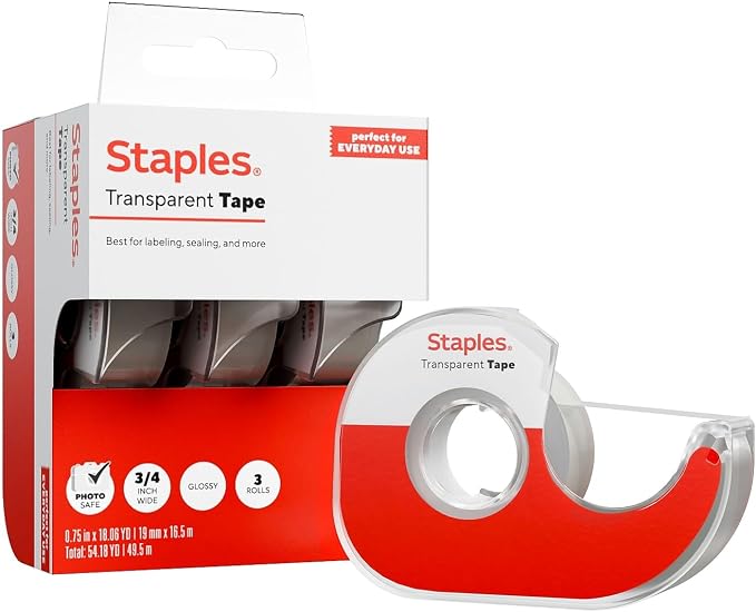 Staples Transparent Tape with Dispenser, 3/4" x 18.06 yds., 3 Rolls – by Staples