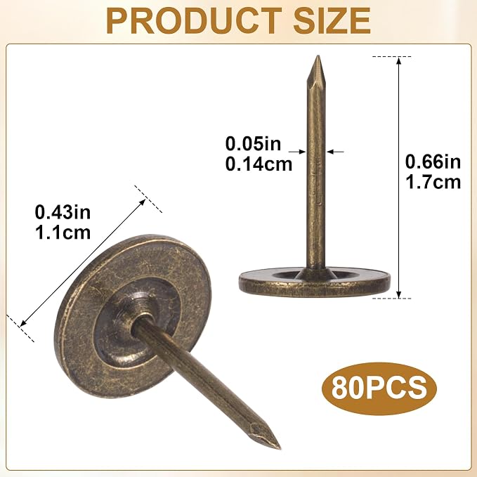 80pcs Metal Thumb Tacks, 0.43x0.66in, Bronze | Metal, Heavy Duty Flat Head - Image 2
