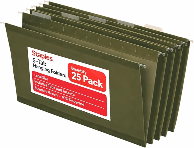 Staples Hanging File Folders, Legal Size, Straight‑Cut Tabs, Standard Green by Staples
