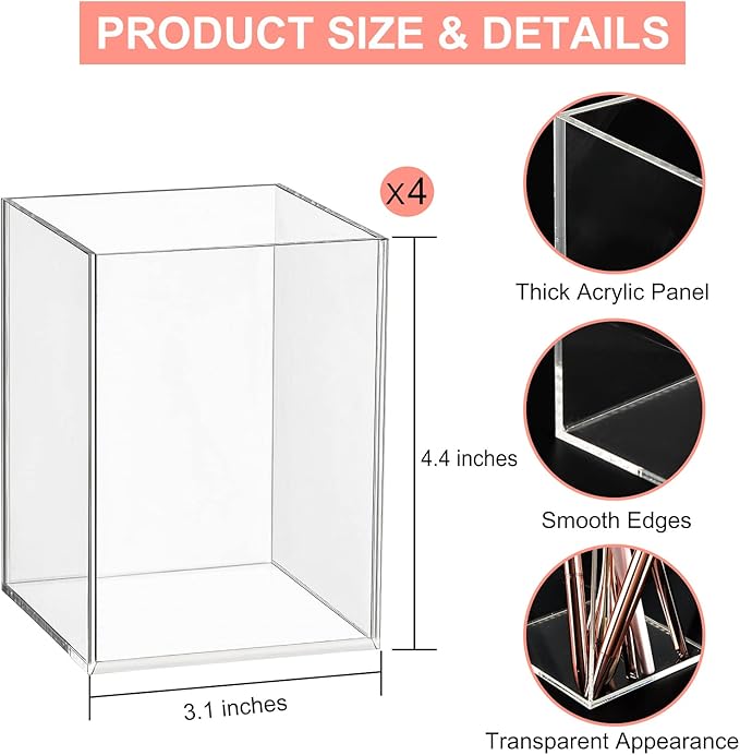 Mototo 4 Pieces Clear Acrylic Pen Holder Acrylic Pencil Cup Makeup Bush Holder - Image 2