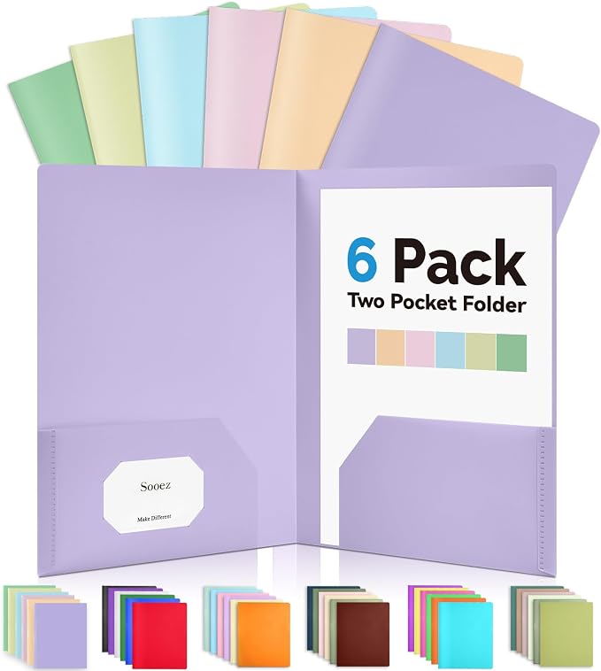 Sooez 6Pack Folders with Pockets, Pastels Colors, Heavy Duty Pocket Folder by Sooez