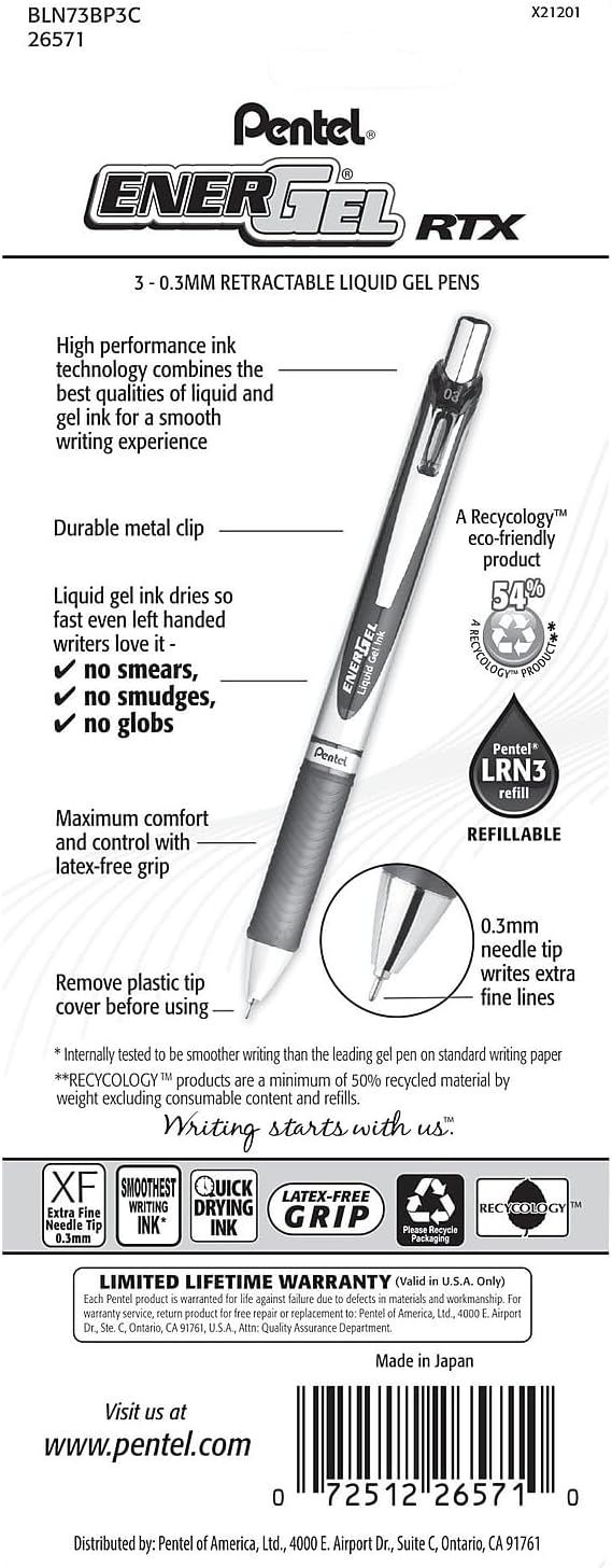 Pentel EnerGel RTX Retractable Liquid Gel Pen, Needle Tip, Extra Fine Line - Image 2