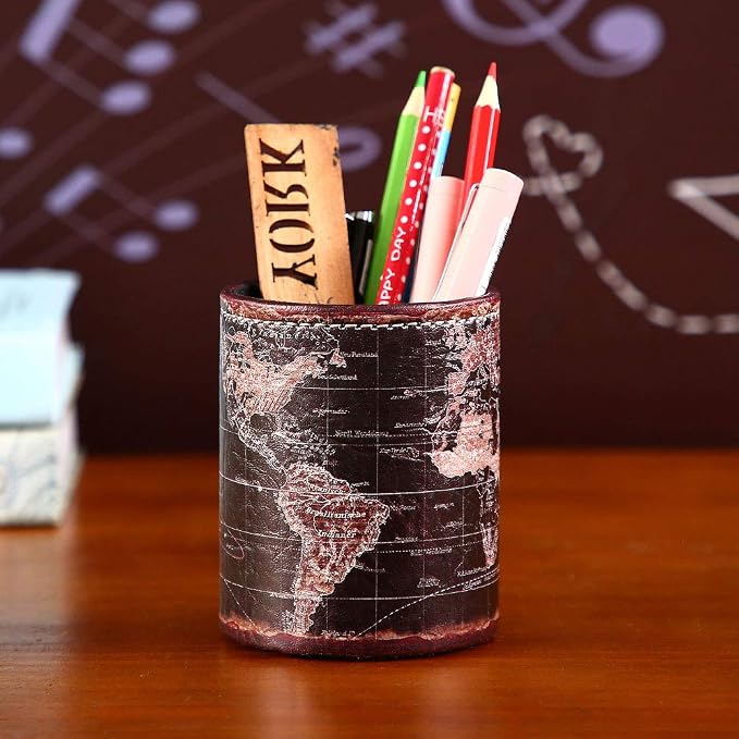 Black World Map Pencil Holder for Desk, PU leather Pencil Cup, Globe Pen Holder - Image 2