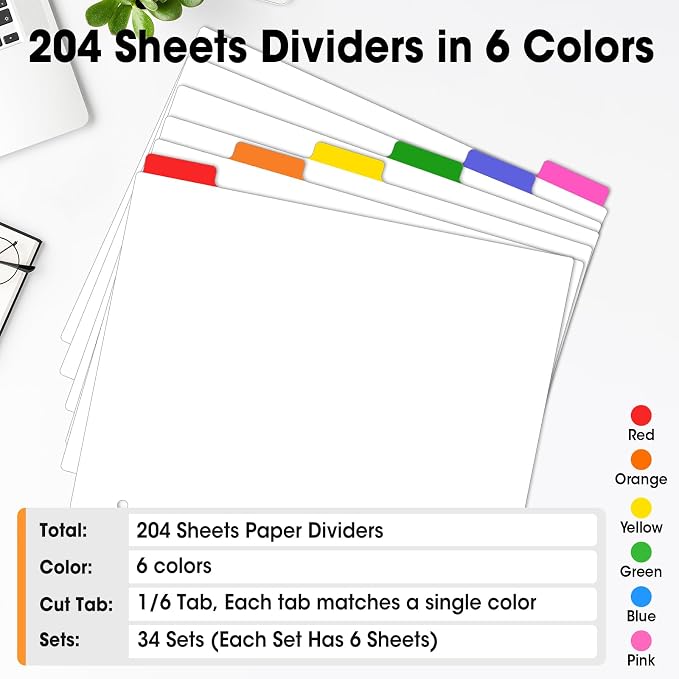 204 Pcs Binder Dividers with Multicolor Tabs, 1/6 Cut Tabs, Dividers - Image 6