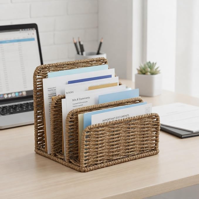 Desk Mail Organizer, 3-Slot Woven Letter Sorter File Tray, Office and Home Use - Image 6