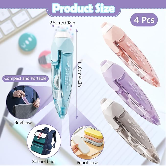 ASTIMESA 4 Pcs Refillable Retractable Correction Tape, Correction Tape Pen Easy - Image 2