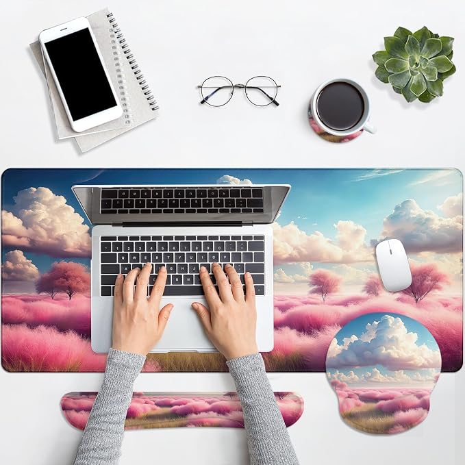 Britimes Dreamy Clouds Pink Plants Keyboard Mouse Pad Set 4in1 Large - Image 6