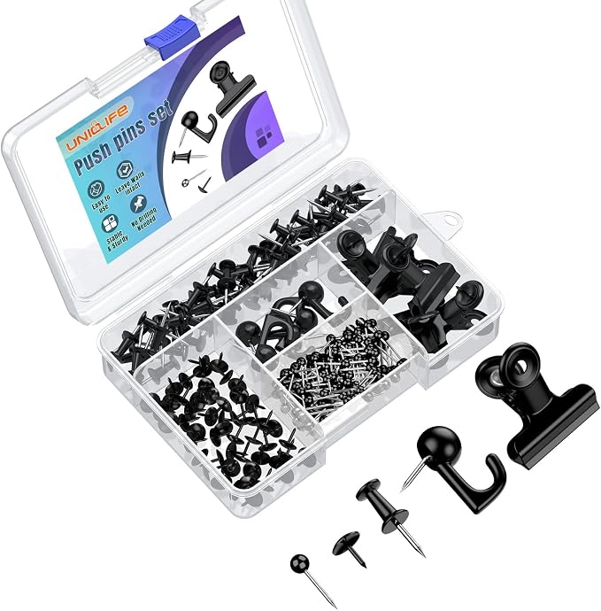 Uniclife 350 PCS Black Push Pins, 5 Style Push Pins by UnicLife