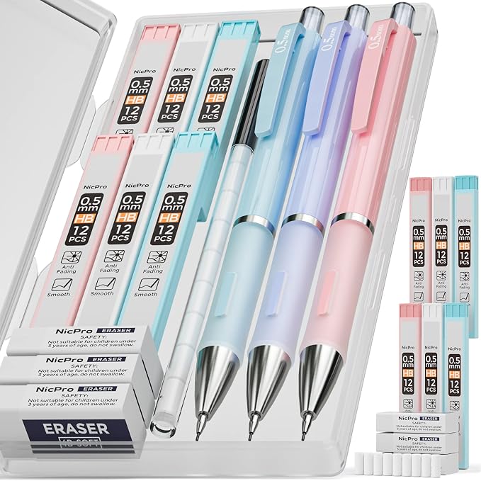 Nicpro 3PCS Pastel Mechanical Pencil Set, 0.5 Mechanical Pencils by Nicpro
