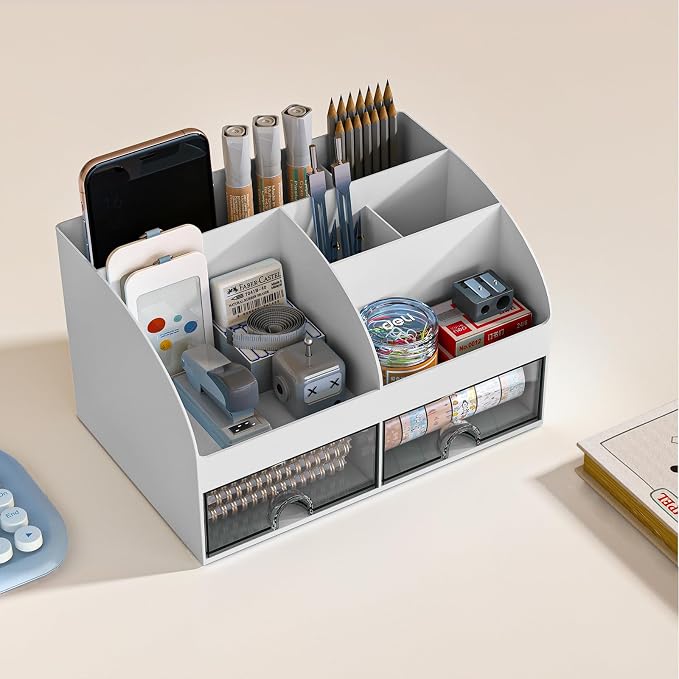 COMFYROOM Desk Organizer with 6 Compartments and 2 Drawers, Plastic Makeup - Image 2