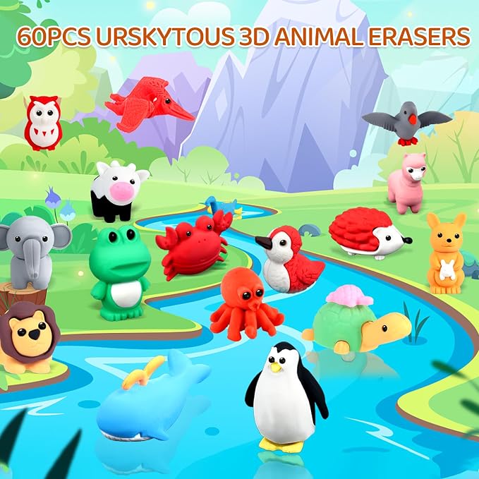 URSKYTOUS 60Pcs Animal Erasers Kids Desk Pets Pencil Erasers 3D Puzzle Bulk - Image 2