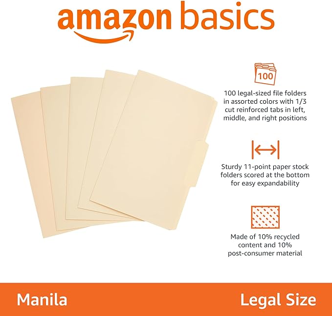 Amazon Basics Sturdy Manila File Folders, 1/3 Tabs in Assorted Positions - Image 2