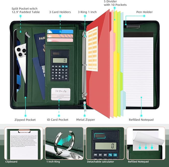 Ospelelf Green Clipboard with Storage 3 Binder Leather Portfolio Folder with - Image 3