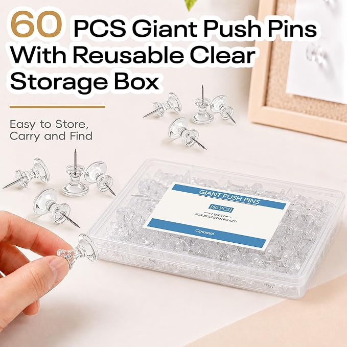 Optomni Giant Push Pins 60 PCS, 1 Inch Large Clear Push Pins - Image 5