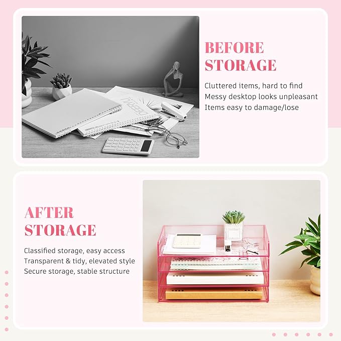 Harloon 4 Tier Clear Hot Pink Acrylic Paper Organizer Letter Tray, Aesthetic - Image 5