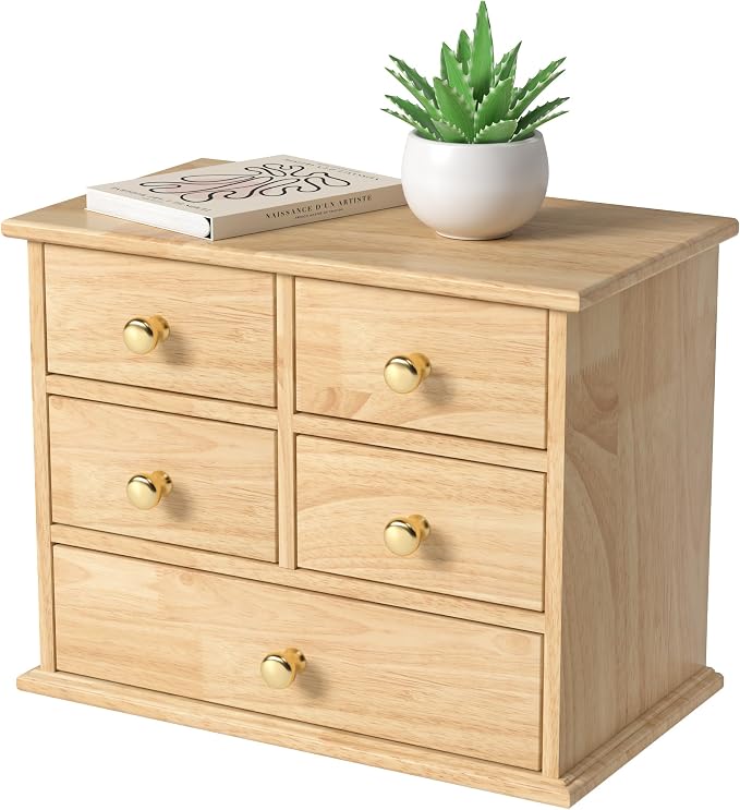 Oak Desk Organizer with Drawers, Wooden Desktop Storage Box with Metal Handles by JNFUZ