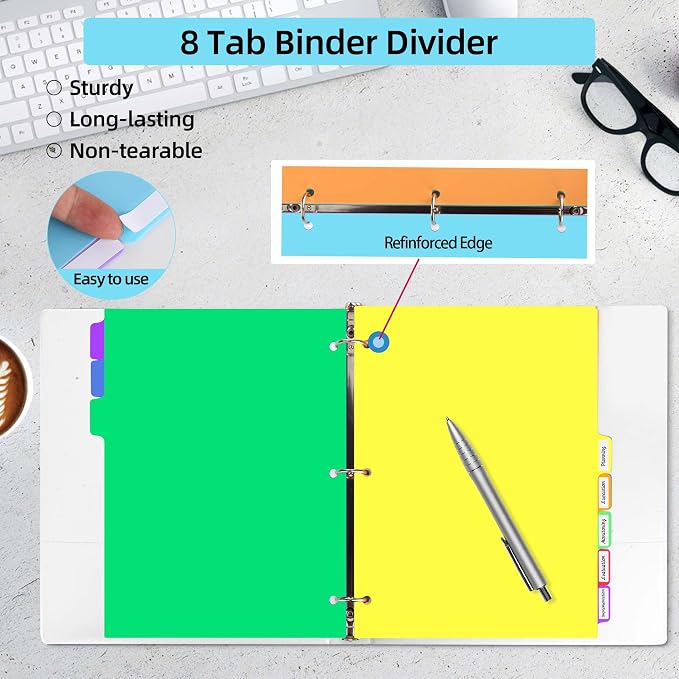 Binder Dividers for 3 Ring Binder, 8 Tab Plastic File Dividers - Image 3