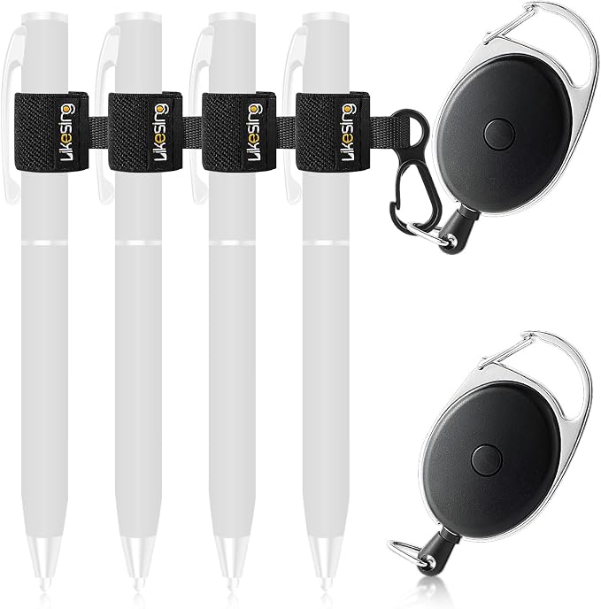 Likesing 4 Black Retractable Pen Holder, 27.5" Reel Elastic Pen Leash by Makelifethewayyoulike