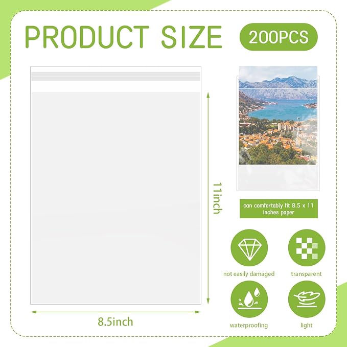 VOKOY 200 Pack 8.5 x 11 Inch Crystal Clear Sleeves Storage Bags, Letter Size - Image 2