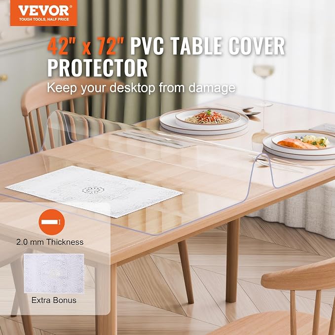 VEVOR Plastic Table Cover, 42 x 72 Inch 2.0 mm Thick Clear Rectangle PVC Desk - Image 2