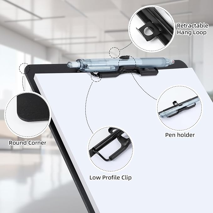 FRETONBA Black Clipboard with Pen Holder, 2 Pack Plastic Clipboard with Low - Image 3
