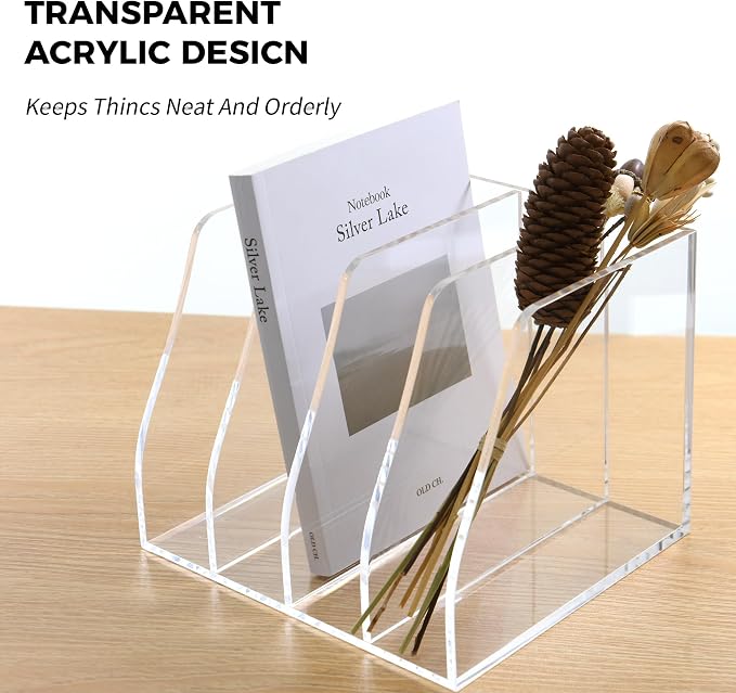 Acrylic Magazine File Holder, 4 Vertical Compartments Desk Document Sorter - Image 6