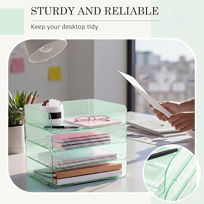 Harloon 4 Tier Clear Sage Green Acrylic Paper Organizer Letter Tray, Aesthetic - Image 6