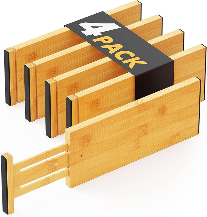 SpaceAid Bamboo 4 Pack Dresser Drawer Dividers, 4.65“ High Adjustable 12.5“-17” by SpaceAid