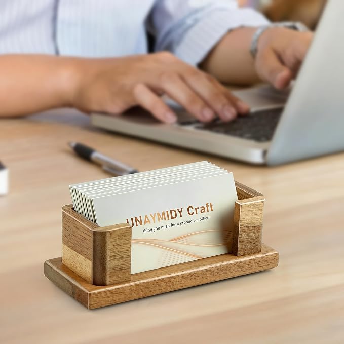 Business Card Holder for Desk, Acacia Wood Desktop Name Card Display Stand & - Image 6