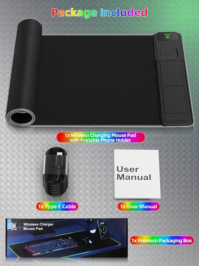 Mouse Pad with Foldable Phone Holder & Wireless Charger, XXL RGB Gaming - Image 9