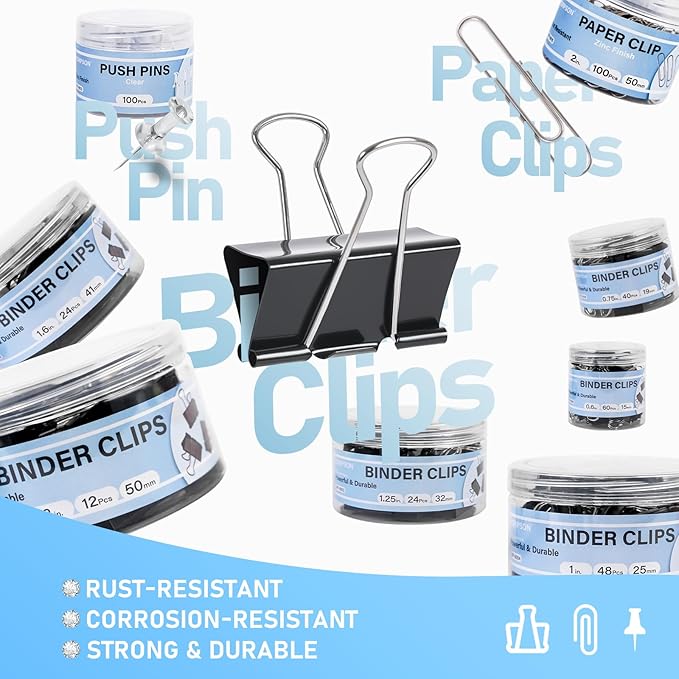408 PCS Binder Clips Paper Clamps Assorted Sizes and Push Pins, Binding - Image 2