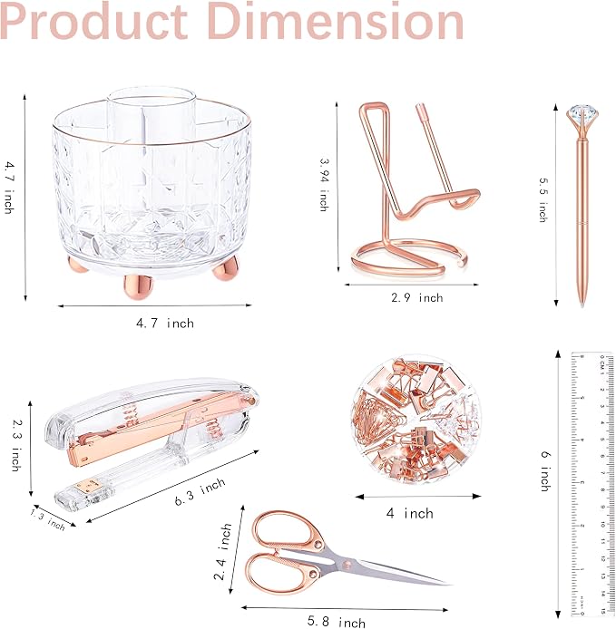 Rose Gold Desk Accessories, Office Supplies Desk Organizers 360°Pen Holder - Image 7