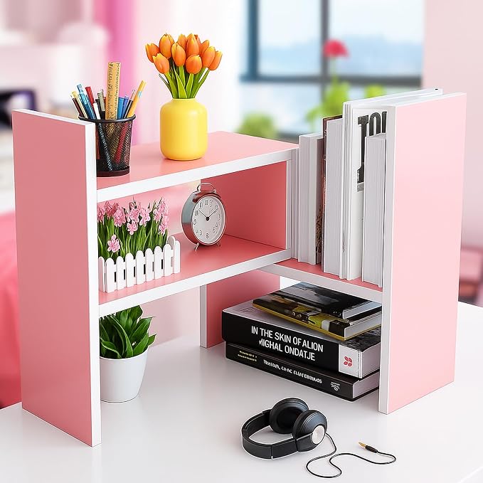 Desktop Shelf Organizer, Adjustable Wood Office Storage Rack, Counter Display - Image 4