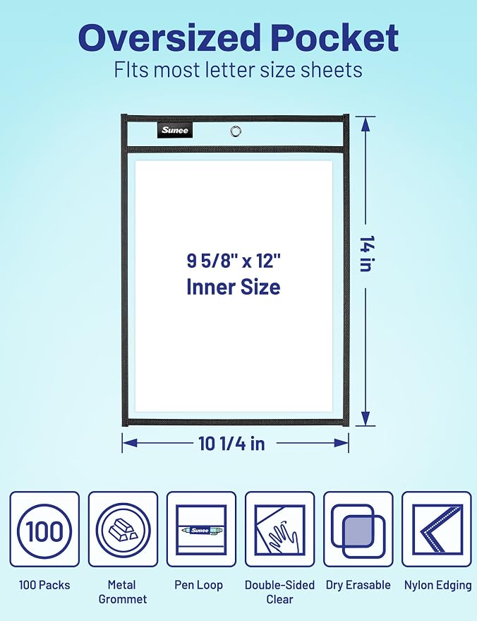 SUNEE 100 Packs Oversized Reusable Dry Erase Pocket Sleeves - Image 2