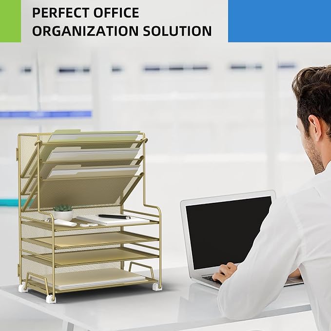 MINDEPOT 4-Tier Paper Organizer + 3-Pocket File Holder + Drawer + Pen Holders - Image 5
