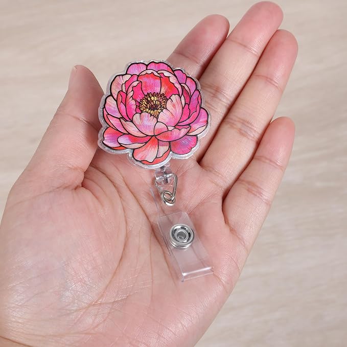 Pink Peony Floral Funny Nurse Badge Reel, Cute Elegant Flower Design - Image 4