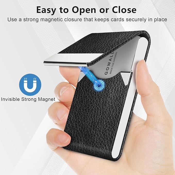 Business Card Holder with Magnetic Closure, Slim Metal PU Business Card Case - Image 2