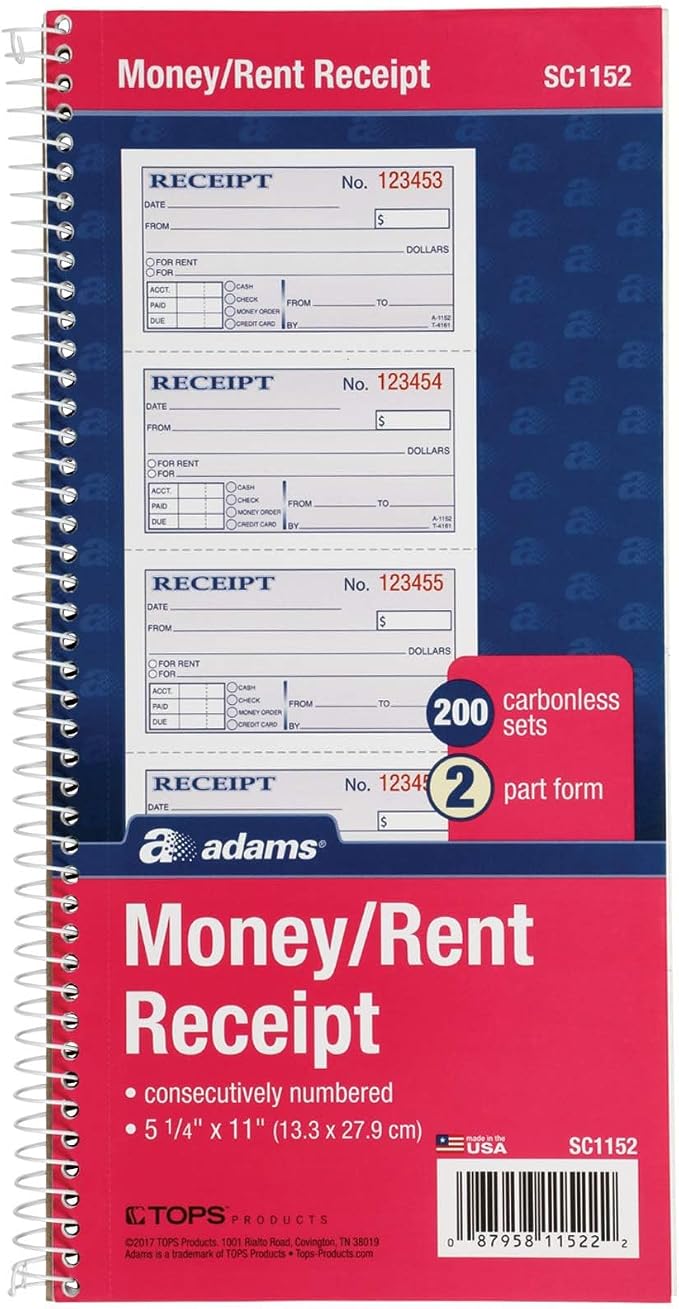 Adams Money and Rent Receipt Book, 2-Part Carbonless, 5-1/4" x 11", Spiral Bound by TOPSProducts