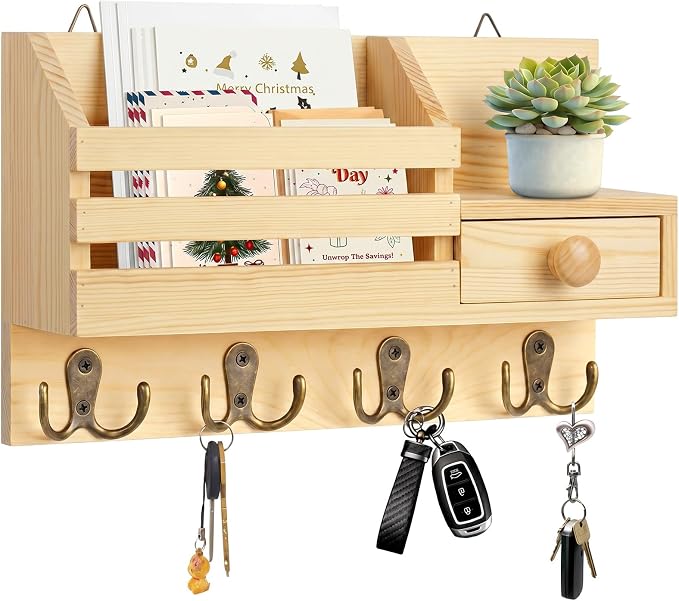 Key Holder Wall Mount, Wooden Adhesive Mail and Key Organizer by HOMEBROS